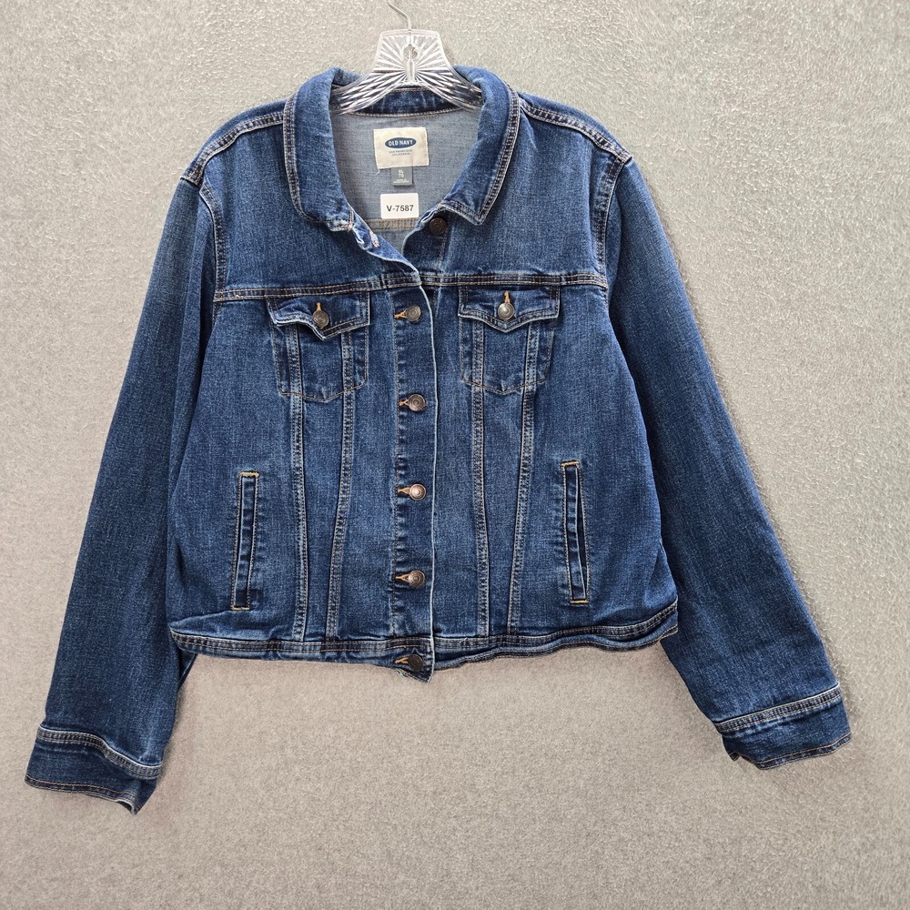 Old Navy Women Jacket XL Blue Denim Trucker Button Up Pockets Long Sleeve Cotton